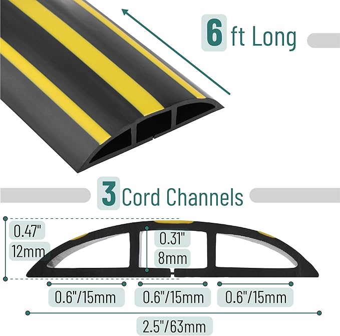Bates- Floor Cord Cover, 6ft, Cable Cavity 0.6" (W) x 0.31" (H), Heavy Duty Wire Protector, PVC Extension Cords Hider, Protect Cords, Prevent Cable Trips, Cord Hider for Office, Home, Outdoor