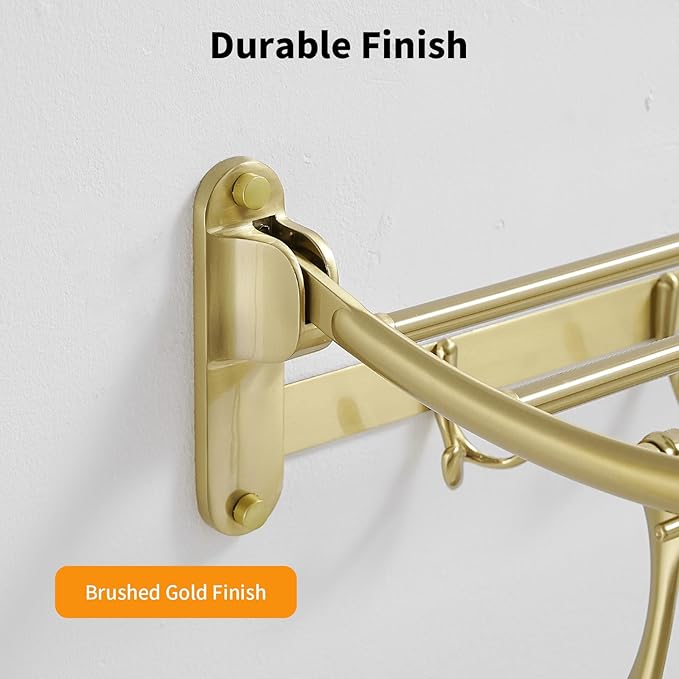 BESy 24 Inch Brushed Gold Towel Racks, Bathroom Towel Shelf with Foldable Towel Bar Holder and Towel Hooks, Wall Mounted Multifunctional Bathroom Accessories, Double Towel Bars