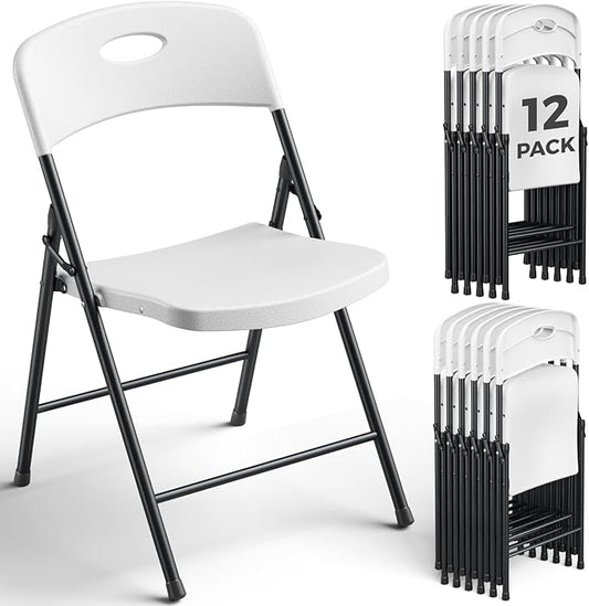 12 Pack White Folding Chair, Plastic Portable Stackable Commercial Seats with Steel Frame 350lb, Heavy Duty Foldable Chair for Indoor and Outdoor, Patio, Office, Picnic, Kitchen, Events