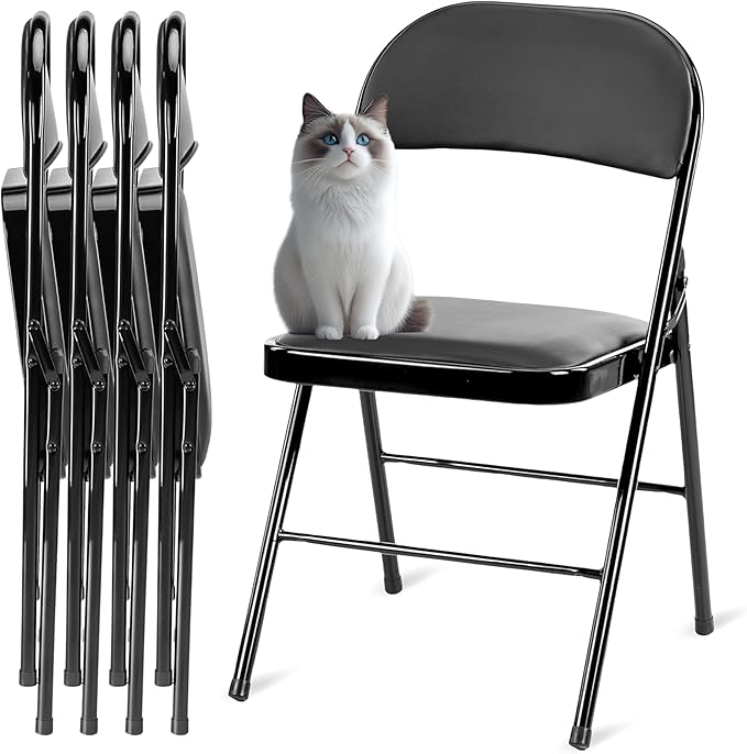 Simple Deluxe 4 Pack Folding Chairs with Padded Leather Cushion Seats & Durable Metal Frame, Comfortable, Foldable, Portable, Commercial Event Chair, Indoor Outdoor for Parties, Home, Office, Black