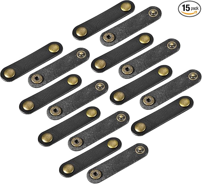 MECCANIXITY Pack of 15 Leather Cable Straps Cord Organizer 63x16mm Portable Cable Leather Clips Black Earphone Cord Management for Cable, Wire