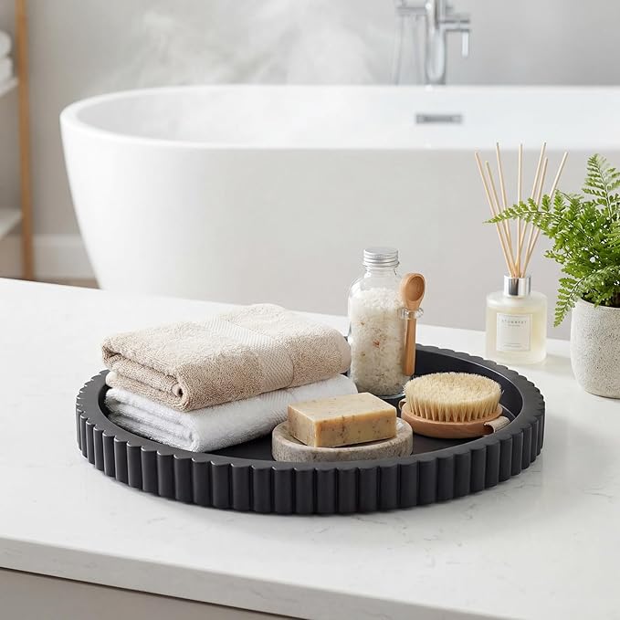 Yalikop Oval Concrete Decorative Tray for Coffee Table Decoration 15" Modern Black Table Centerpieces Decorative Ottoman Tray for Serve Home Decoration Accent Bandejas Decorativas Gift