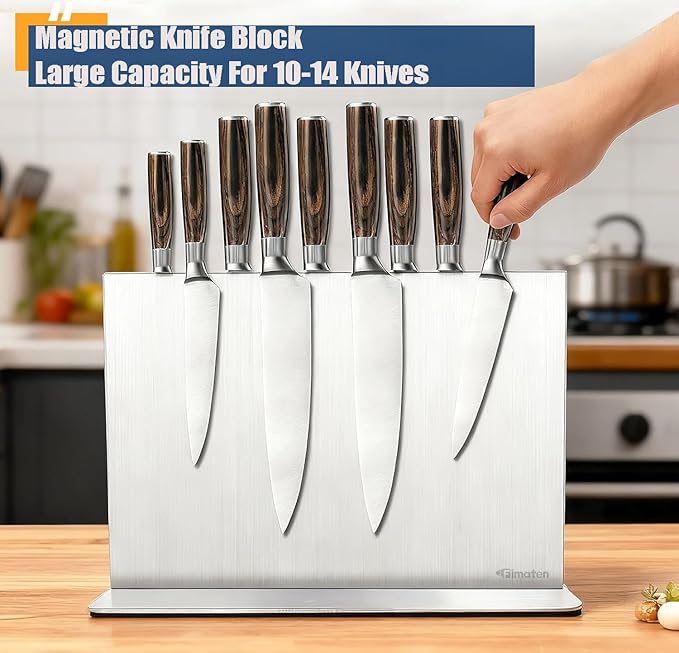 Magnetic Knife Block Stand Without Knives 12 Inch Silver Stainless Steel Double Sided Home Kitchen Organizer Storage Knife Holder Board for Counter Top with Strong Magnets