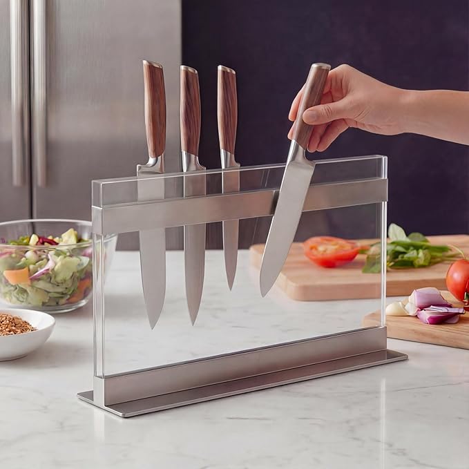 THMINS Acrylic Magnetic Knife Block, Large Transparent Magnetic Knife Holder Double-Sided Magnetic Kitchen Countertop Universal Knife Display Stand Multifunctional Storage