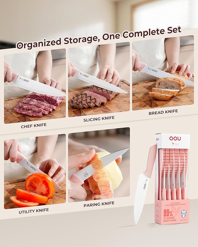 OOU In-Drawer Kitchen Knife Set, Space-Saving Cutlery and Kitchen Organizer, Includes Chef, Bread, Santoku, Utility and Paring Knives, 6-Piece, Pink