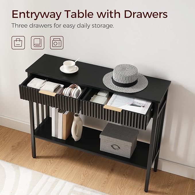 MAHANCRIS Console Table with 2 Drawers, Narrow Long Entry Table with Storage Shelf, 2-Tier Fluted Entryway Table with 2 Drawers, for Entryway, Living Room, Foyer, Hallway, Office, Black CTHB5101