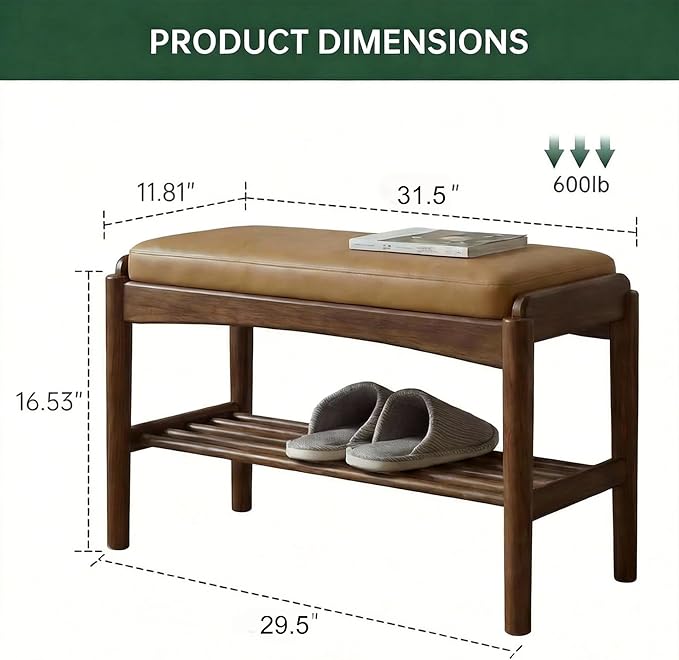 Black Walnut Shoe Bench Assembled, Solid Wood Shoe Rack Bench with Silicone Leather Cushion for Entryway, Living Room, Bedroom, Hallway