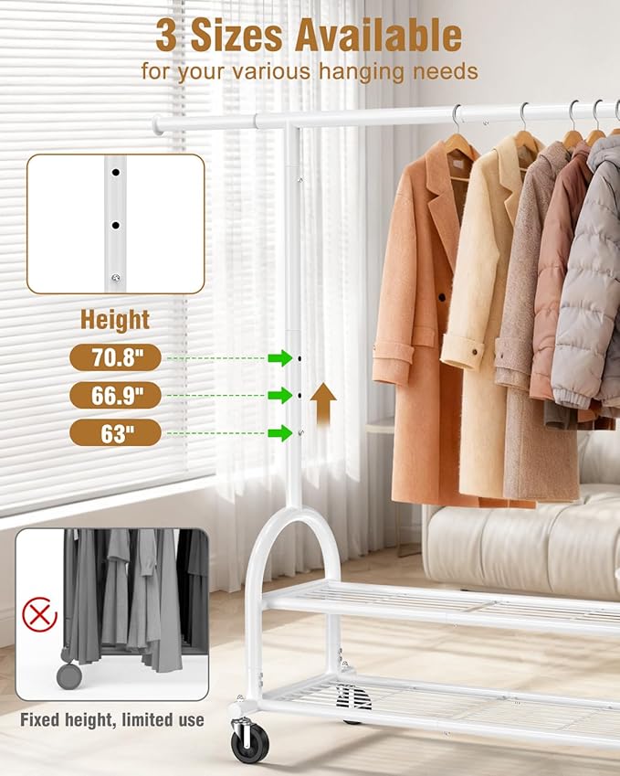 EAGMAK Heavy Duty Clothes Rack for Hanging Clothes Load 556 LBS, Height Adjustable Rolling Clothing Racks, Portable Metal Coat Rack Garment Wardrobe with Wheels and Shelves for Bedroom Laundry, White