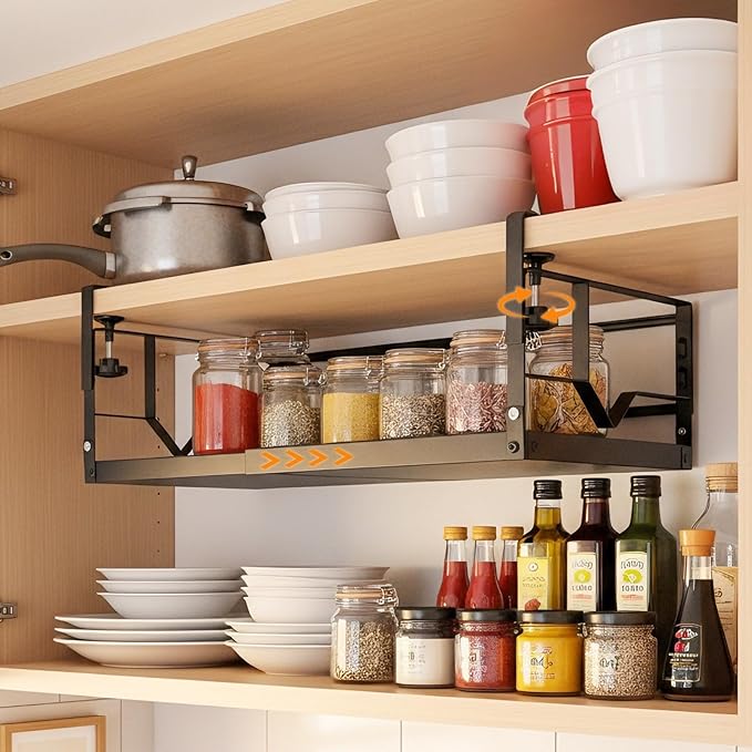 WELTOKE Under Shelf Storage Basket Organizer, Expandable Under Cabinet Shelf,Heavy Duty Metal Cabinet Hanging Shelf For Kitchen Cupboard Cabinet Pantry Laundry Desk Bookshelf Garage, Black(1 Pack)