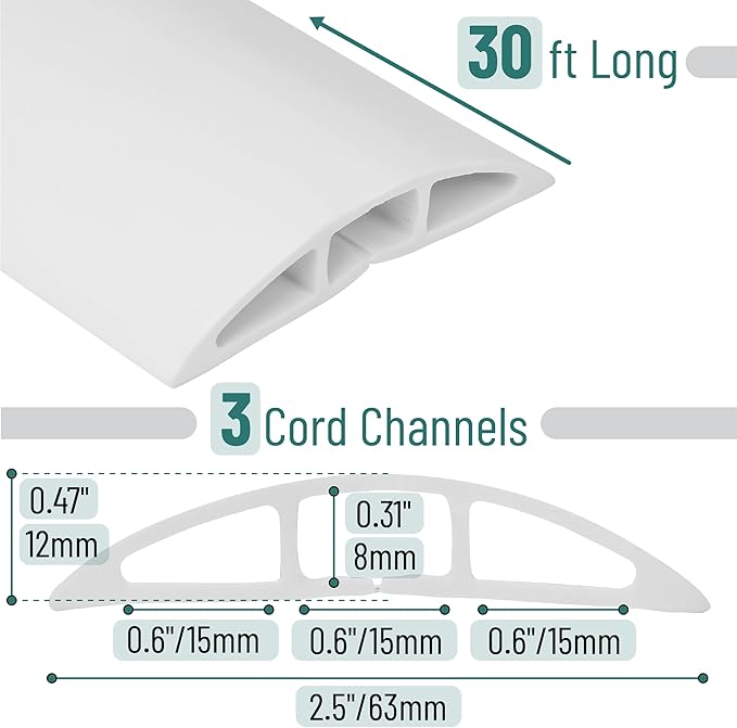 Bates- Floor Cord Cover, 30ft, Cable Cavity 0.6" (W) x 0.31" (H), Heavy Duty Wire Protector, PVC Extension Cords Hider, Protect Cords, Prevent Cable Trips, Cord Hider for Office, Home, Outdoor