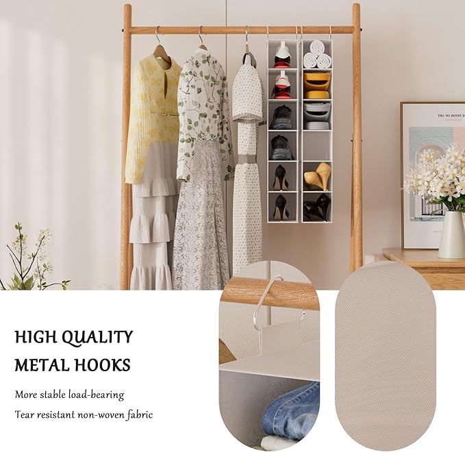 Hanging Shoe Shelves - 6 Section,Closet Organizer Set of 2 with Woven Bamboo Shelves,Slim 5.5” Wide Design for Space-Saving Storage,White