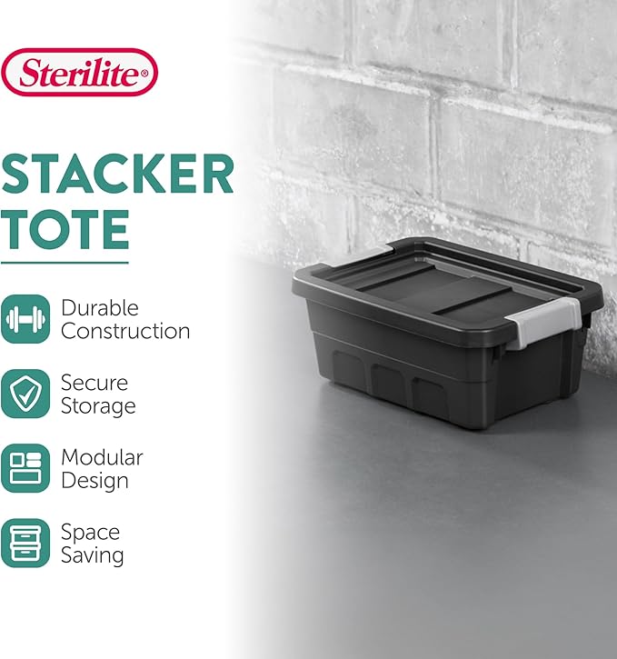 Sterilite 6-Pack Stacker Tote, Stackable Plastic Storage Bins with Lids, 4 Gallon, Black - Small Organizer Bin Containers for Bed, Garage, Office, Kitchen, and Classroom Organization