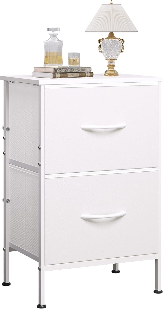 WLIVE White Night Stand, Small Dresser with 2 Drawers & Wooden Top, Nightstand with Fabric Bins, Bedside Table End Table for Bedroom, Closet, Entryway, College Dorm, White