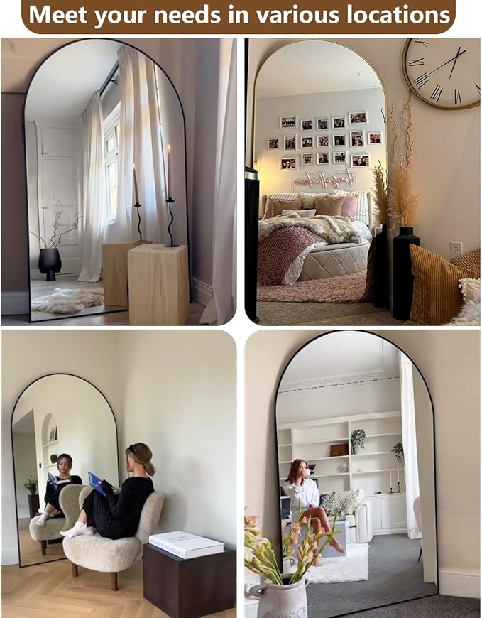 DMWOODFL Large Arched Full Length Mirror with Stand 76x34, Freestanding Floor Mirror or Wall Mounted, Tall Body Mirror with Aluminum Frame for Bedroom, Living Room, Gold