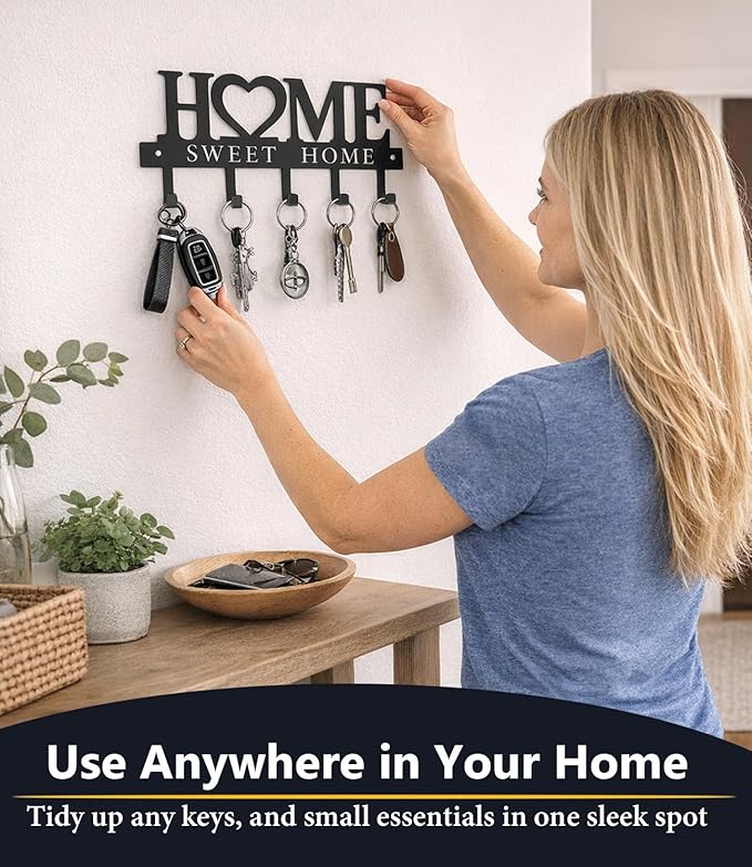 Key Holder Hooks Organizer Hanger Rack Wall Mounted Sweet Home Metal Decor Stylish and Practical for Entryway Front Door Kitchen Hallway Garage Mudroom Office Hardward Included Black (Sweet-two)