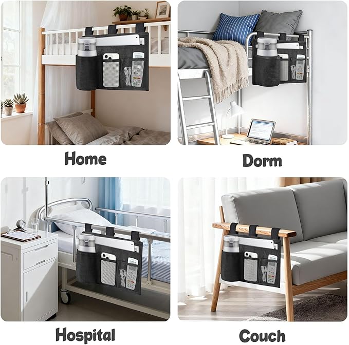 Hanging Bedside Caddy, 4 Pockets Bunk Bed Caddy, Bed Pocket for University Dormitories, Hospitals, Chairs, Crib Guardrails for Mobile Phone, Tablet Computer, Remote Control, Water Cup
