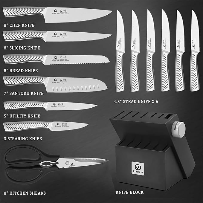 imarku Knife Block Set, 14Pcs High Carbon Stainless Steel Knife Set with Block, Kitchen Knife Set Black, Dishwasher Safe, Build-in Sharpener, Gifts for Men