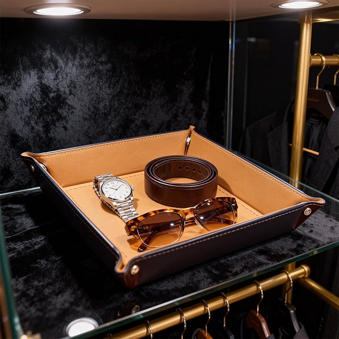 Valet Tray Desktop Storage Organizer, Vegan Leather Catchall Tray Bedside Vanity Tray Nightstand Caddy Holder for Remote Controller, Watch, Keys, Phone, Wallet, Sunglasses, Jewelry, Khaki