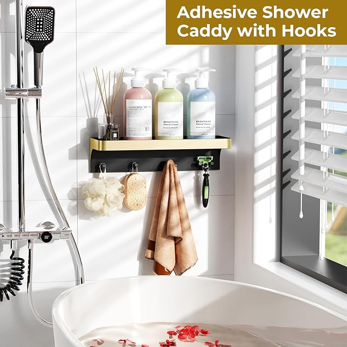 Shower Caddy Adhesive, Shower Shelve for Inside Shower, Bathroom Organizers and Storage for Accessories Holder, Rustproof Bathroom Wall Shower Rack Organize with 5 Hooks, No-drill, Gold
