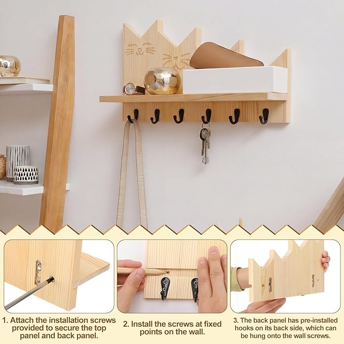 Wenqik Cat Key Holder with Shelf for Wall 11 Inch Entryway Organizer Cute Cat Decorative Pine Wood Key Rack Wall Mount with 6 Hooks and Floating Shelf for Keys Leashes Plants Natural Wood Color