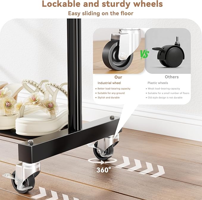 Standard Clothes Rack, Rolling 60“L Clothing Garment Rack with Wheels for Hanging Clothes, Portable Wardrobe Rack for Bedroom, Laundry Room, Black
