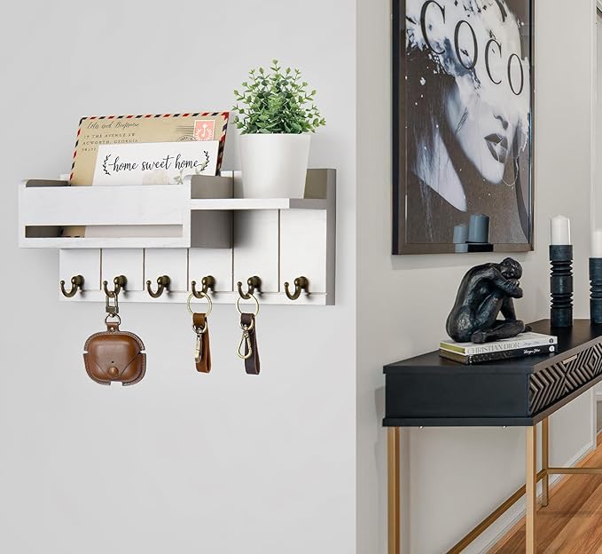RelaxScene Key Holder Wall Mount - Key Hooks for Wall Decor Living Room - Wooden Key Hanger Rack and Mail Organizer with Shelf for Home Essentials - Modern Entryway House Decor Aesthetic