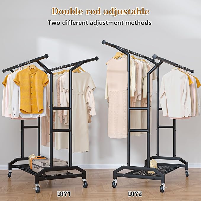 Wiracks Heavy Duty Clothes Rack Double Clothing Rack 450lbs Capacity 3" Industrial Wheels 51"-71" L X 19.7" D X 73"-79" H Stury Rolling Clothes Rack Adjustable Rolling Garment Rack Black