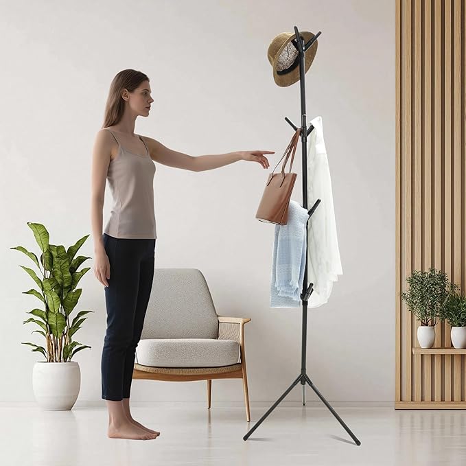 Aynoo Coat Rack Stand with 12 Hooks,Metal Freestanding Coat Standing,Light weight Cap Rack,Black
