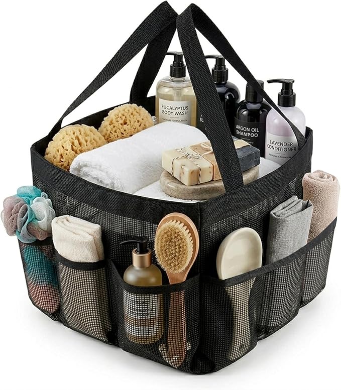 Mesh Shower Caddy Portable for College Dorm Room Essentials, 8-Pocket Quick Dry Hanging Shower Tote Bag with 2 Handles for Beach, Swimming, Gym, Travel Essentials