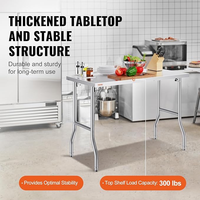 VEVOR Stainless Steel Foldable Work Table, 24 * 48 Inch Heavy Duty Food Outdoor Stainless Steel Worktable for Commercial Kitchen Restaurant