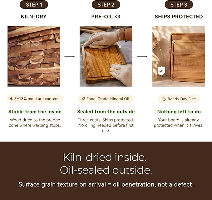 Acacia Wood Cutting Board Set of 3 for Kitchen — Non-Toxic, Kiln-Dried & Pre-Oiled 3x | Warp-Resistant Solid Acacia with Juice Groove, Handles & Anti-Slip Feets | Large Medium Small