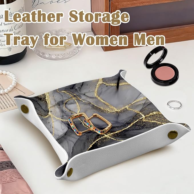 Marble Jewelry Valet Tray for Women Men, Black and Gold Marble PU Leather Catchall Beside Caddy Nightstand Organizer Tray for Jewelry Rings Watches Keys and Accessories, 7.87x7.87in