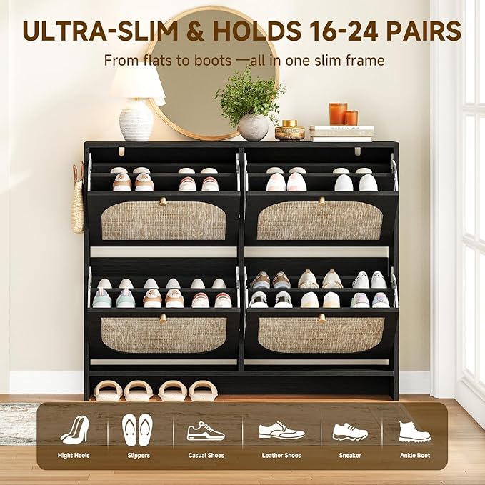 Nicetree Shoe Cabinet Storage for Entryway, Narrow Shoe Organizers with 4 Flip Drawers, Freestanding Large Shoe Rack with 3-Tier Adjustable Shelves for Hallway Entryway Foyer Black