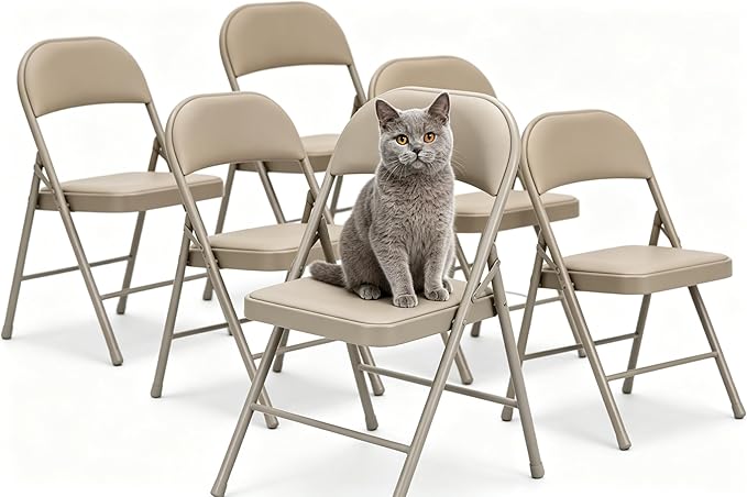 6 Pack Padded Folding Chairs, Portable Metal Foldable Chairs with Cushion, PU Leather Sturdy Indoor Outdoor Seating for Home, Office, Party, Khaki