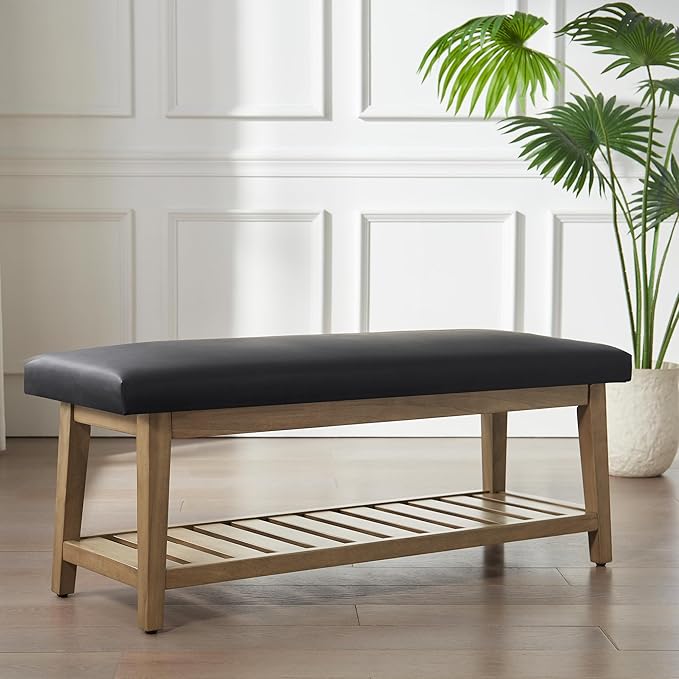 Zihanhome Entryway Bench, PU Leather Upholstered Shoe Benches for Bedroom, Ottoman Bench with Solid Wood Shelf, Storage Bench for Hallway, Living Room(Black)