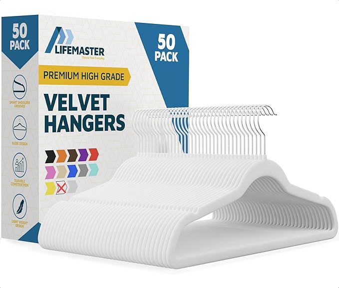 Lifemaster Velvet Clothes Hanger – with 360 Degree Swivel Hook and Non-Slip Shoulder Notch, Holds Up to 10 lbs, Heavy Duty Hanger Set, for Organizing Suit, Dress, Coat, and Clothes, Pack of 50, White