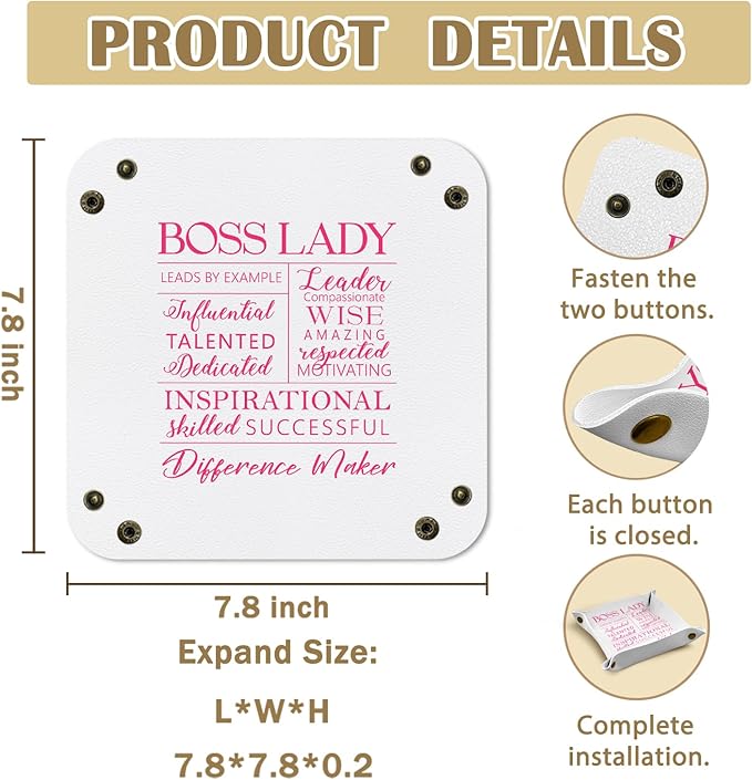 Boss Lady Gifts Leather Jewelry Valet Tray, Best Boss Gifts for Women PU Leather Catchall Beside Caddy Nightstand Organizer Tray for Jewelry Rings Watches Keys and Accessories, 7.8x7.8inch