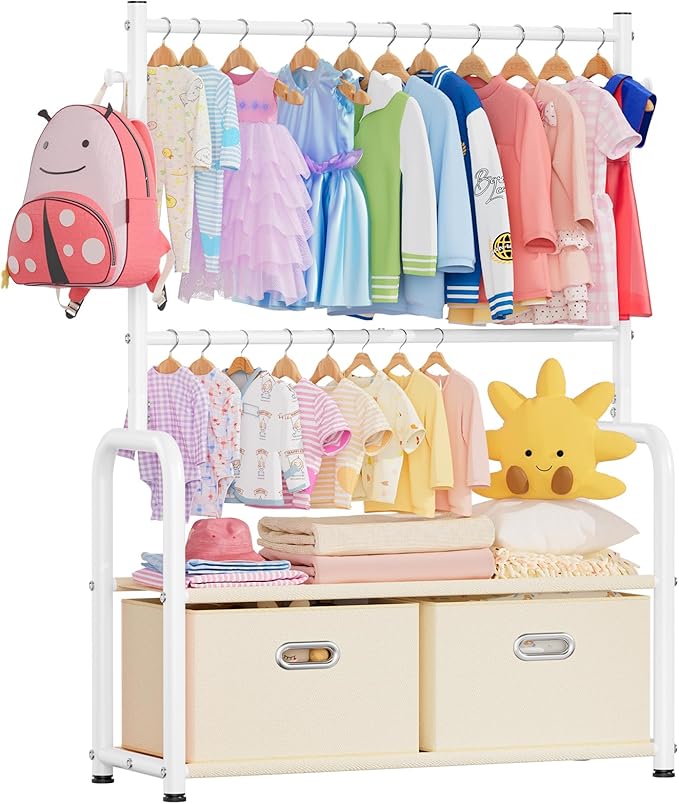Kids Clothes Rack with 2 Tier Storage Racks and 2 Adjustable Hanging Poles, Small Baby Closet Organizer for Hanging Clothes, Kids Dress-Up Rack (Upgrad, White)