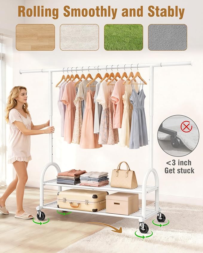 EAGMAK Heavy Duty Clothes Rack for Hanging Clothes Load 556 LBS, Height Adjustable Rolling Clothing Racks, Portable Metal Coat Rack Garment Wardrobe with Wheels and Shelves for Bedroom Laundry, White