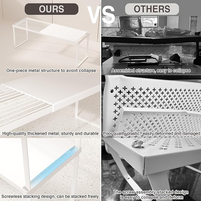 Magheo Expandable Cabinet Shelf Organizer, 2 Pack Stackable Kitchen Counter Shelf Riser, Metal Spice Rack Heavy Duty Countertop Organizer Storage for Kitchen, Pantry, Cupboard, Rv (8.7in Height,White)