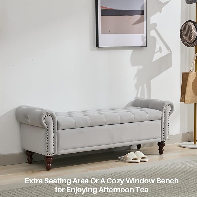 SOFTHION 58.1" Storage Bench Upholstered Velvet End of Bedroom Bed Bench Ottoman with Tufted Cushioned Rolled Arm Large Storage Space for Reading Living Room Entryway, Light Grey