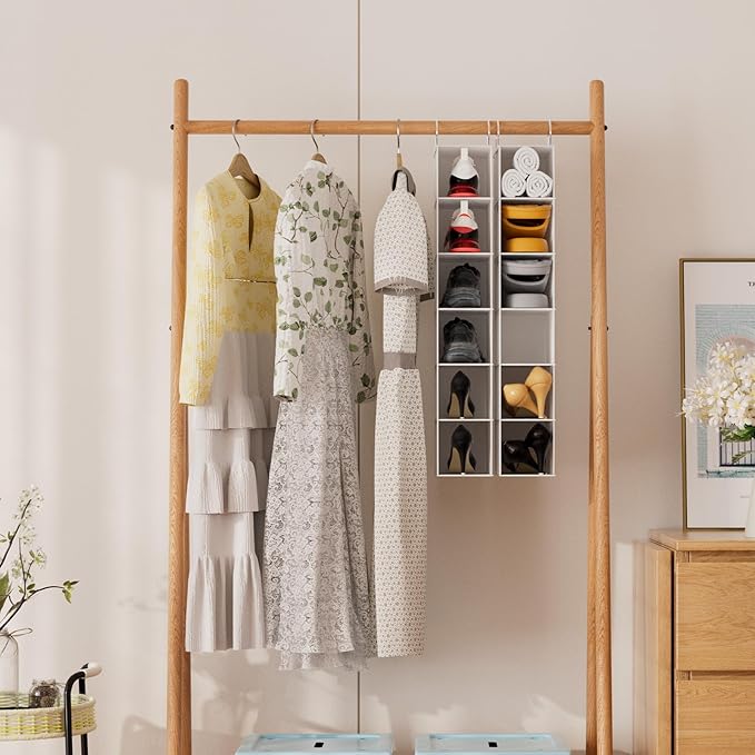 Hanging Shoe Shelves - 6 Section,Closet Organizer Set of 2 with Woven Bamboo Shelves,Slim 5.5” Wide Design for Space-Saving Storage,White