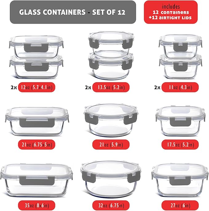 Nestl 24pc Glass Storage Containers with Lids, 12 Glass Food Storage Containers with 12 Airtight Lids for Pantry & Kitchen, Meal Prep Containers for Lunch, Oven Microwave & Dishwasher Safe, Gray