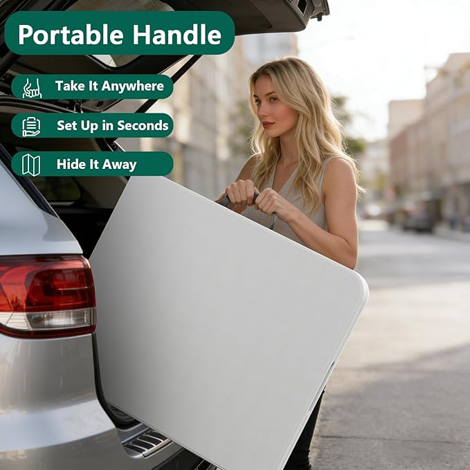 6ft Folding Table with Handle, Heavy Duty Plastic Table, 300 lbs Portable Table, Reinforced Steel Legs, High Density Plastic, Ideal for Parties, Picnics, Weddings, Camping White