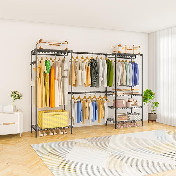 Heavy Duty Garment Rack, Portable Expandable Freestanding 4 Tiers Adjustable Wire Shelves Clothes Rack with 2 Retractable Poles, 70.9-86.6" L x 15.7" W x 76.8" H, Max Load 900LBS, Black