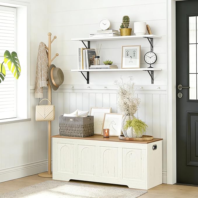 DINZI LVJ Storage Chest, 47.2”Wooden Storage Bench with 2 Safety Hinges, Farmhouse Toy Box with Flip-Top, Large Trunk for Living Room, Bedroom, Easy Assembly, Honey Brown and Rustic White