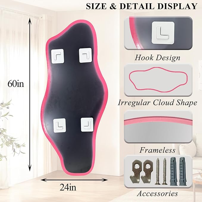 Large Irregular Mirror, 60"x24" Pink Asymmetrical Tempered Glass Mirror, Modern Organic Shape Frameless Mirrors for Living Room Bedroom Hallway Entryway, Horizontal or Vertical Hanging