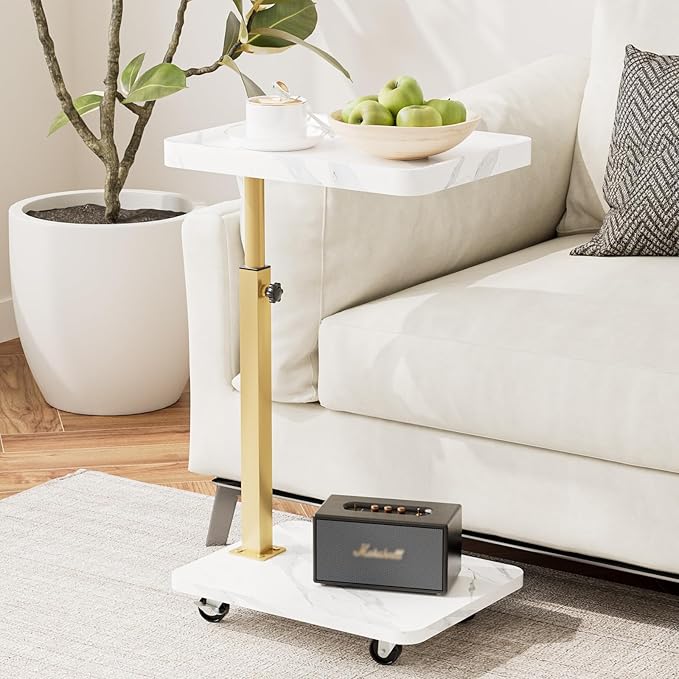 TV Tray Table, Adjustable Dinner Trays for Eating Table,360° Swivel& Sofa Armrest End Side Couch Snack Table for Sofa, Bedroom, Living Room, C Shaped End Table that Slide Under(White+Gold)