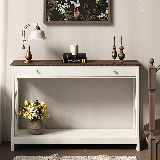 Treocho 47" Farmhouse Console Table with Drawer and Storage Shelves, Foyer Sofa Table Narrow for Entryway, Living Room, Hallway, Antique White & Brown