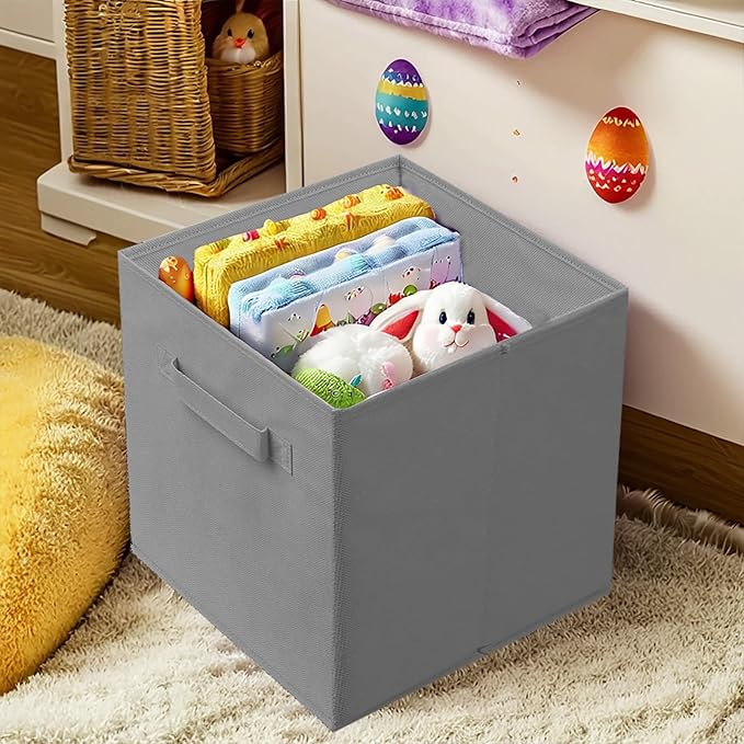 PowerKing Collapsible Storage Cubes with Handles, Fabric Foldable Bins for Closet Shelves, Durable Organization Storage Bins, 10.5'' x 11'' x 10.5'' (Light Grey, 2Pack)